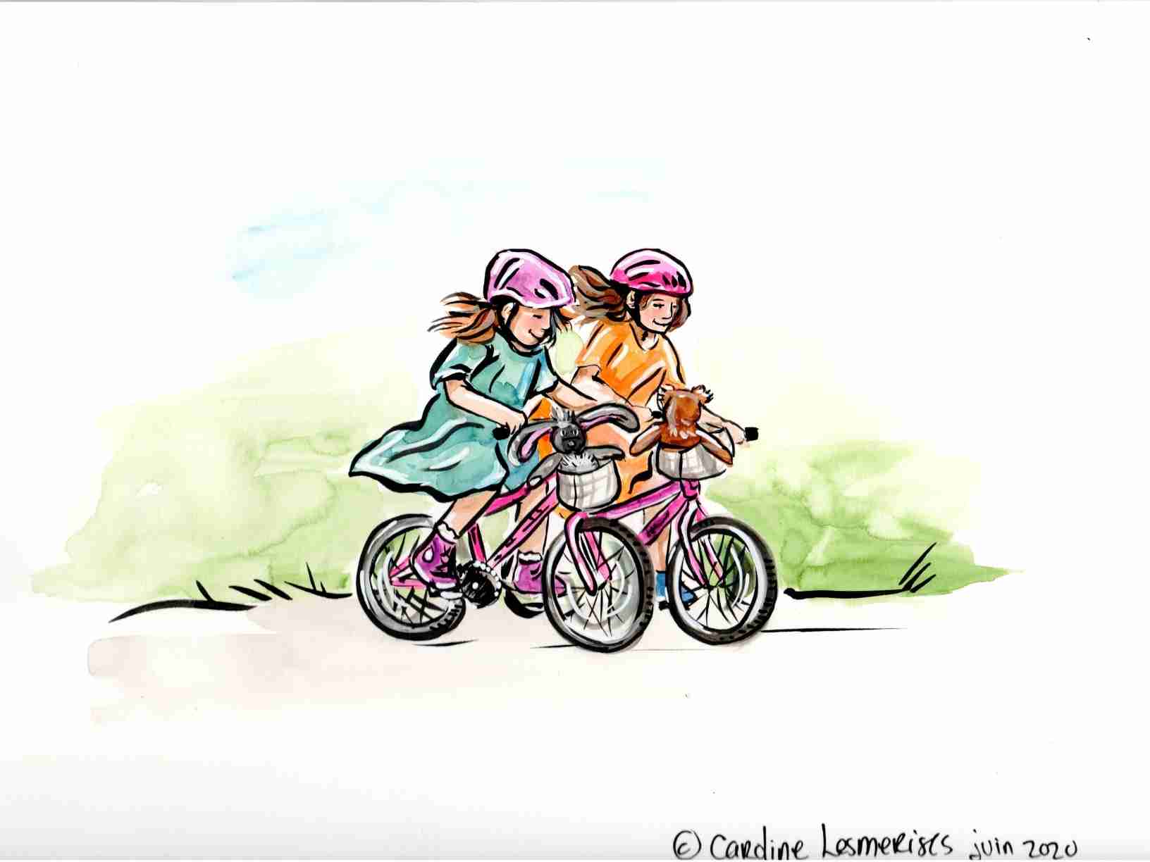Aquarelle illustration soeurs à vélo
